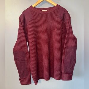 L.L.Bean commando crewneck sweater in burgundy merino lamb's wool elbow patch